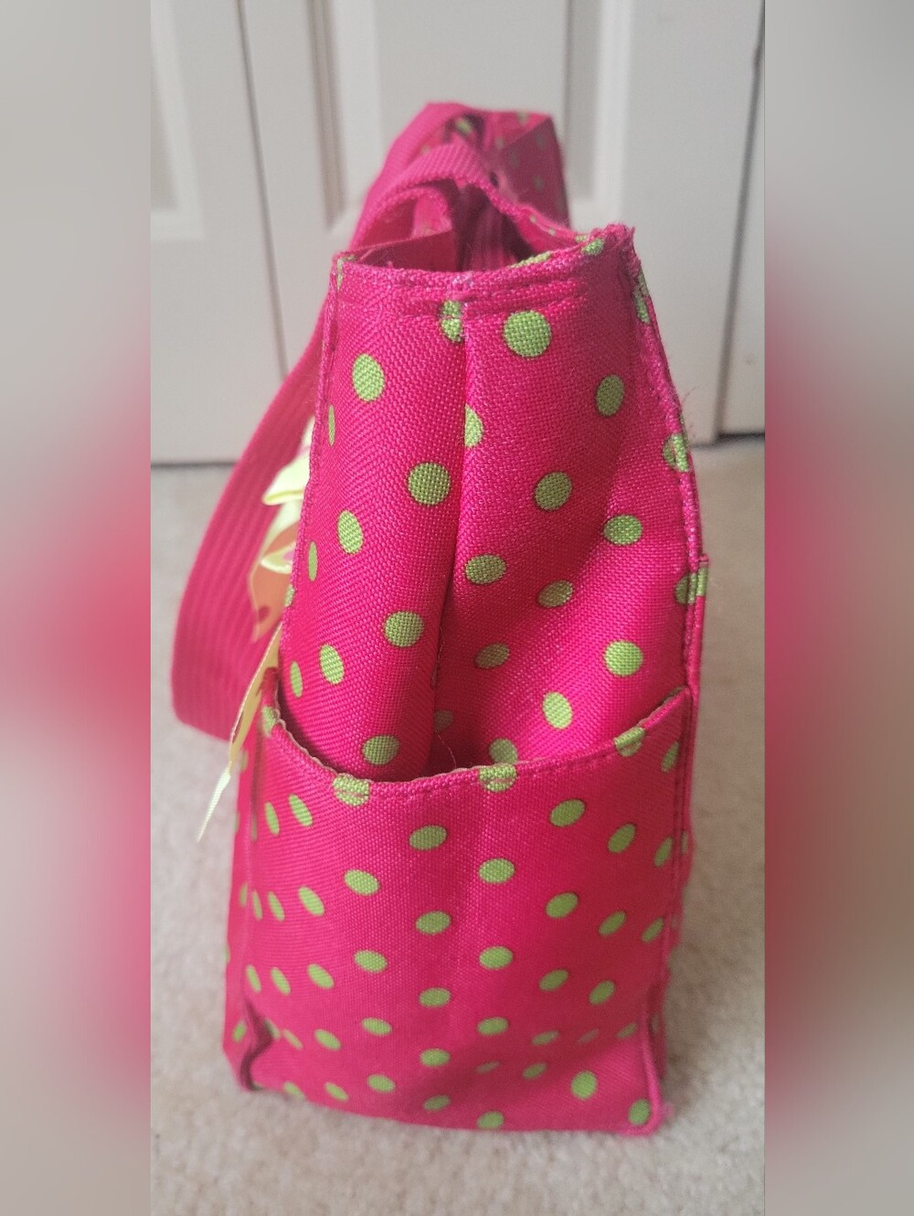 Pink Polka Dot Tote Bag with Lime Bow - Picture 4 of 16